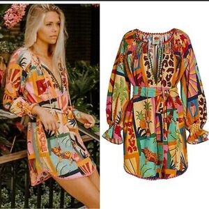 Farm Rio Tropical Collage Linen-Blend Tunic Dress • Size XS